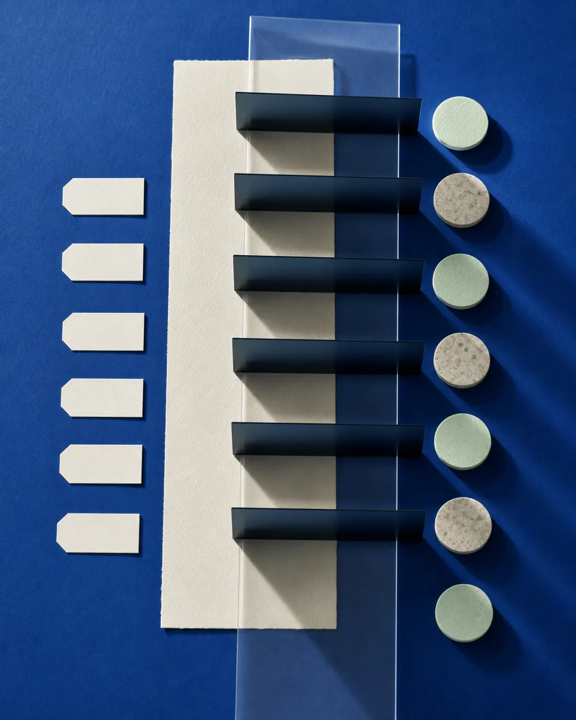 Leere Papier- und Acrylflächen passieren dunkle Blenden, während neutrale Formen ihren Weg fortsetzen.